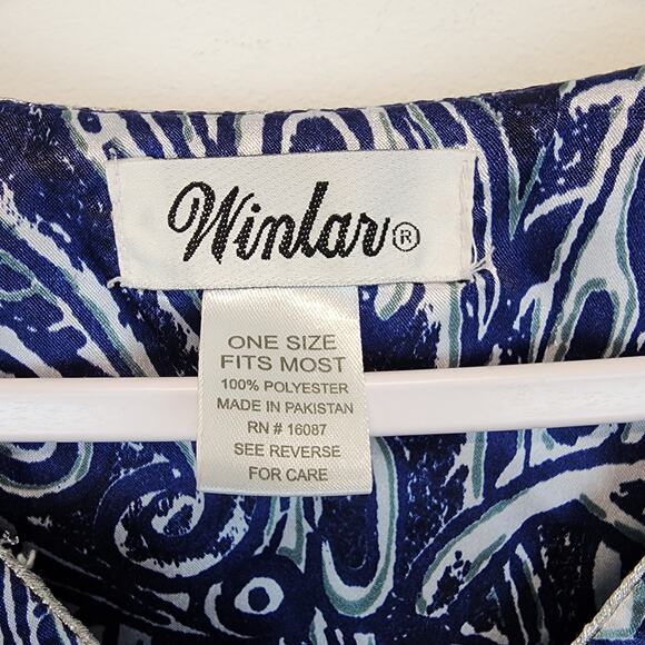 Vintage Winlar Satin Kaftan Moo Moo Mumu Porch Dress Blue Geometric One Size - Picture 9 of 9